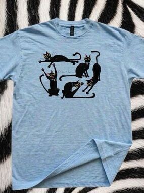 Gildan Light Blue Tee with Playful Black Cat Graphic